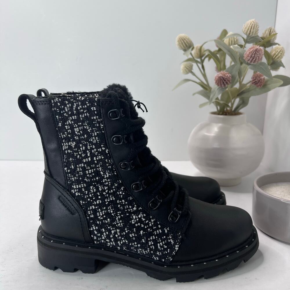 Sorel Lennox Leather Textile Shearling Lug Sole WP Boot Black/White Women 6 NWOB